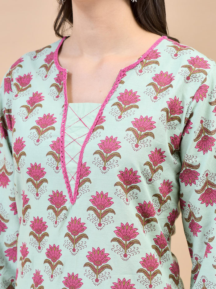 Women Cotton Green Ornamental Print Kurta With Comfort Pant.
