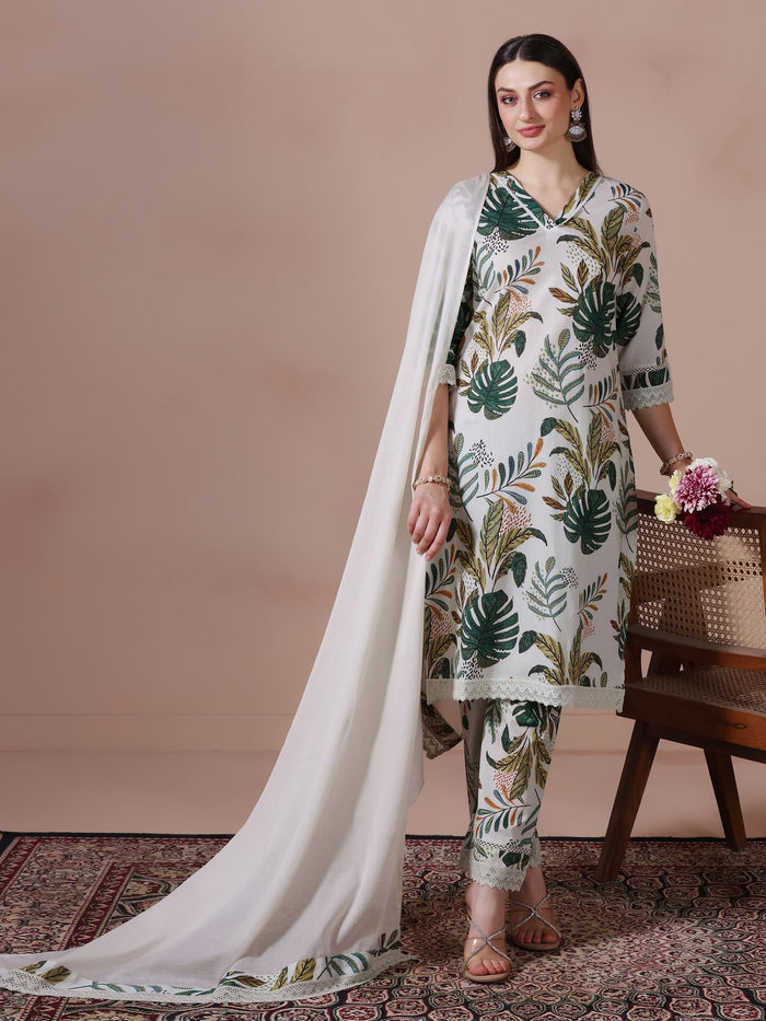 Women Cotton Green Printed Kurta Comfort Pant Dupatta.