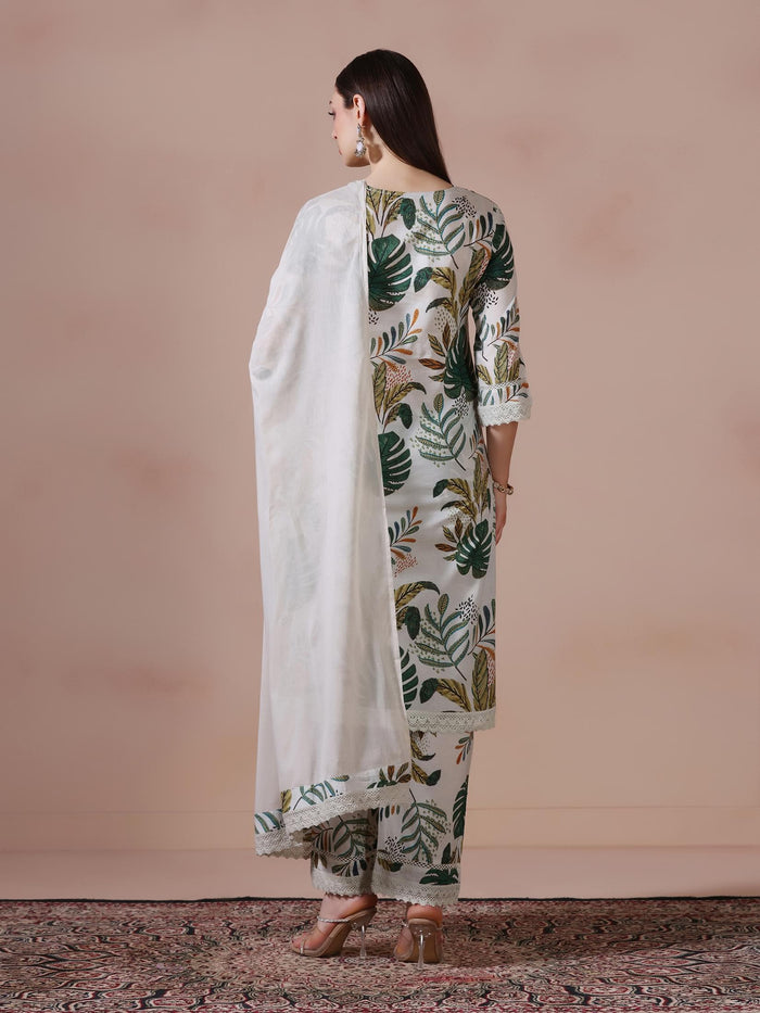 Women Cotton Green Printed Kurta Comfort Pant Dupatta.