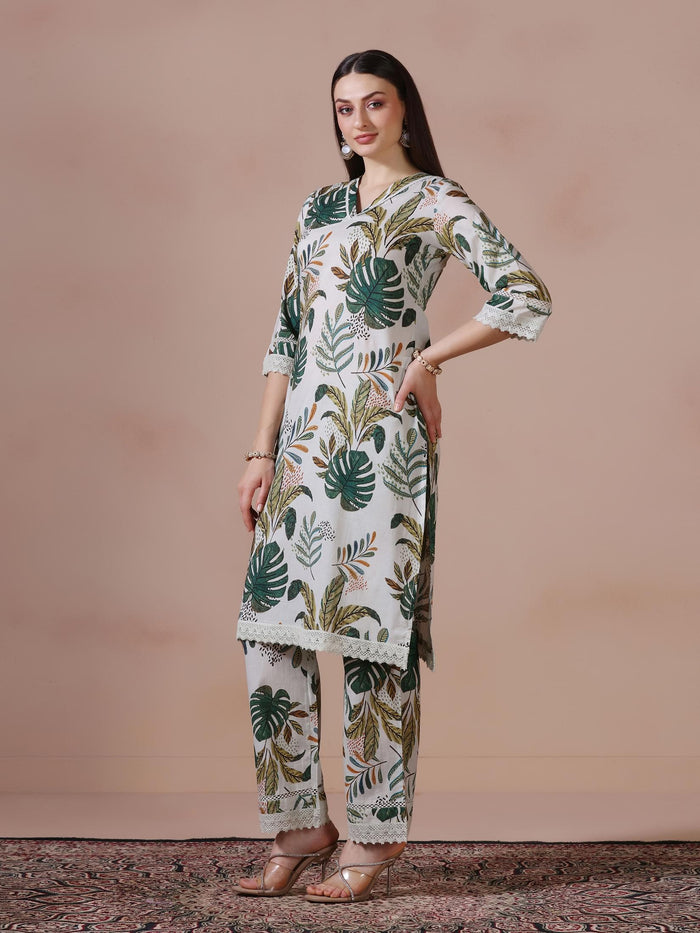 Women Cotton Green Printed Kurta Comfort Pant Dupatta.