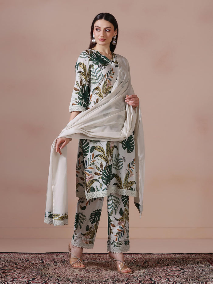 Women Cotton Green Printed Kurta Comfort Pant Dupatta.