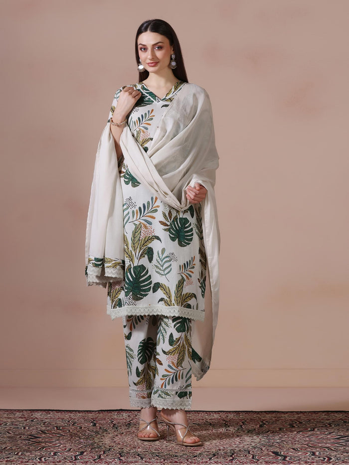 Women Cotton Green Printed Kurta Comfort Pant Dupatta.
