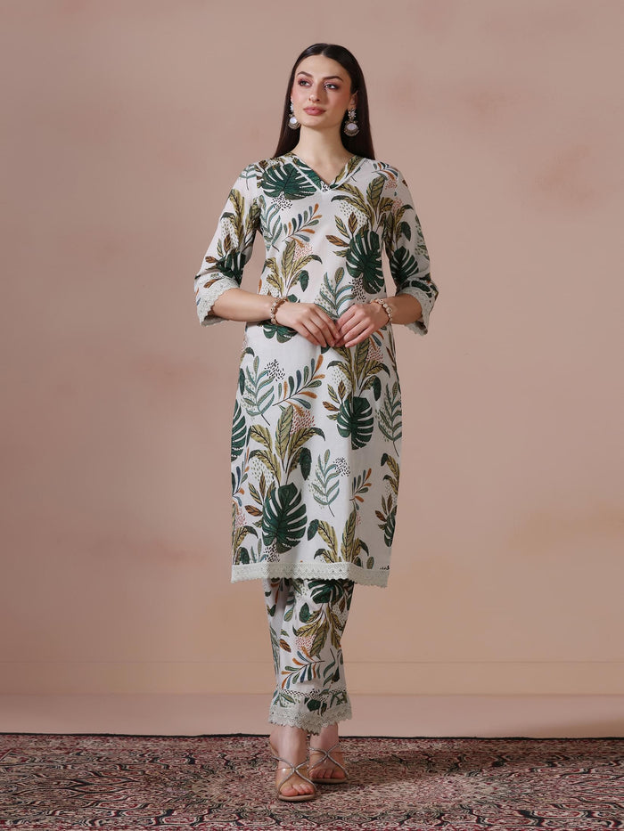 Women Cotton Green Printed Kurta Comfort Pant Dupatta.