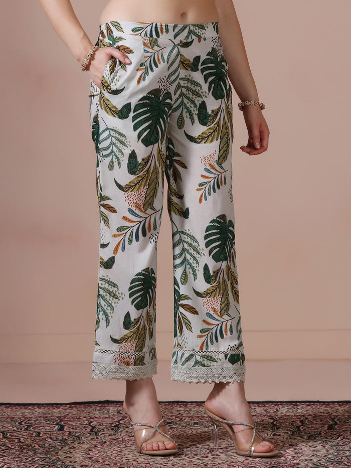 Women Cotton Green Printed Kurta Comfort Pant Dupatta.