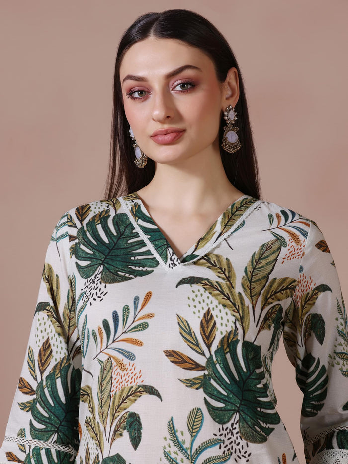 Women Cotton Green Printed Kurta Comfort Pant Dupatta.