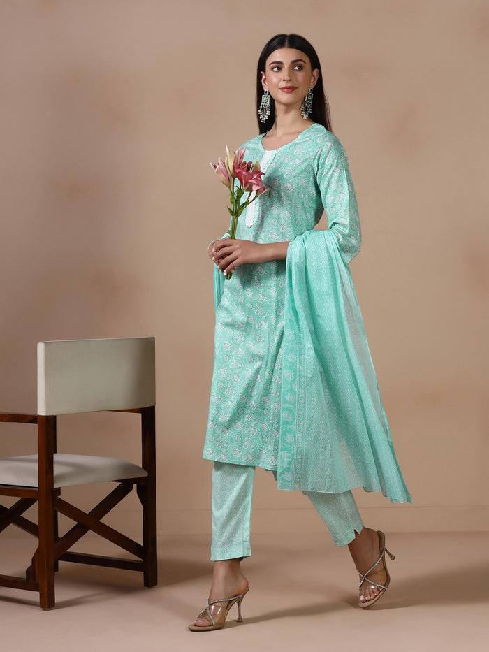 Women Cotton Green Printed Kurta Trouser Dupatta.