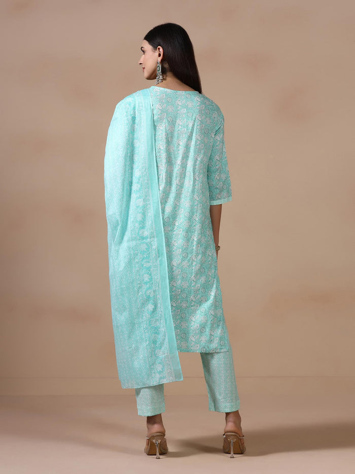 Women Cotton Green Printed Kurta Trouser Dupatta.