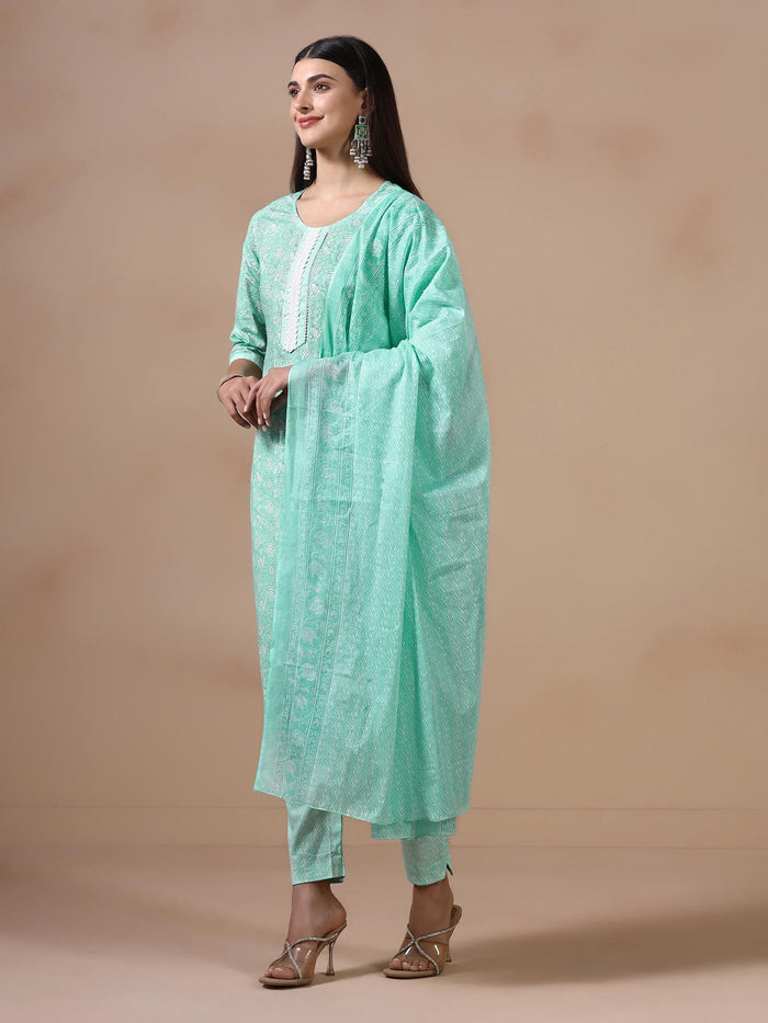Women Cotton Green Printed Kurta Trouser Dupatta.