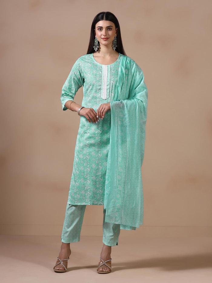 Women Cotton Green Printed Kurta Trouser Dupatta.