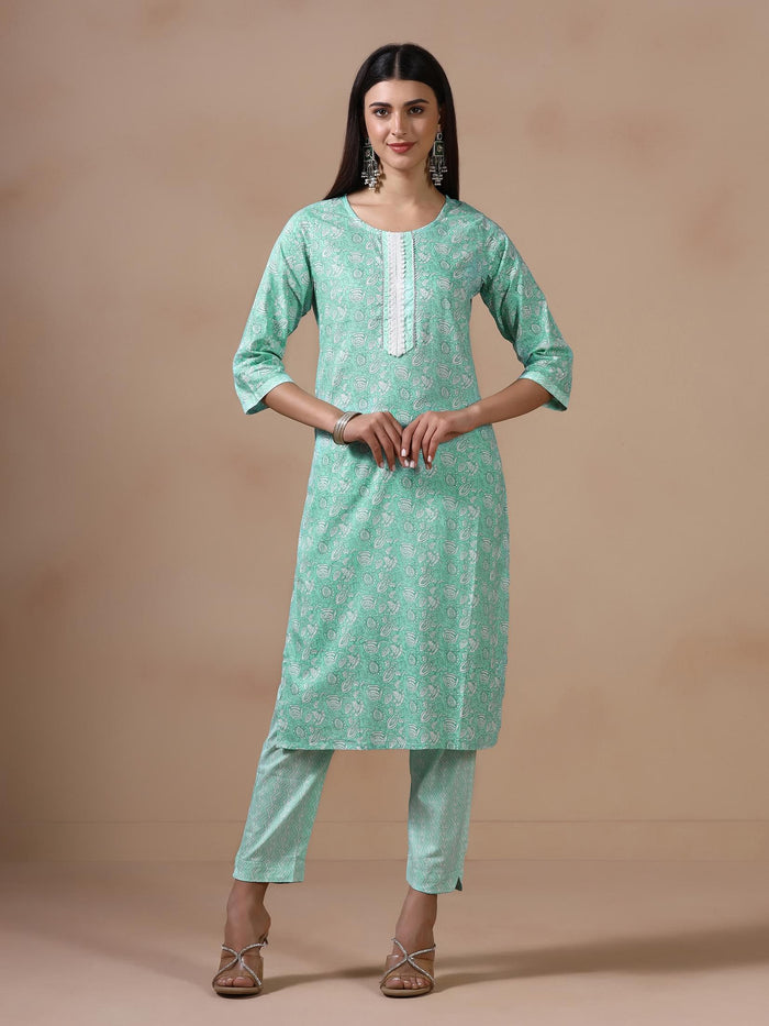 Women Cotton Green Printed Kurta Trouser Dupatta.