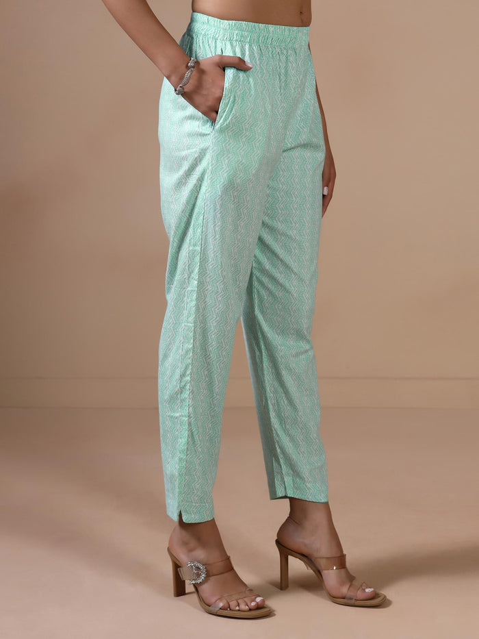 Women Cotton Green Printed Kurta Trouser Dupatta.