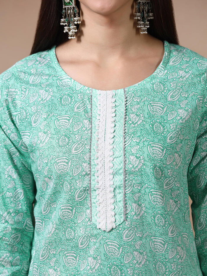 Women Cotton Green Printed Kurta Trouser Dupatta.