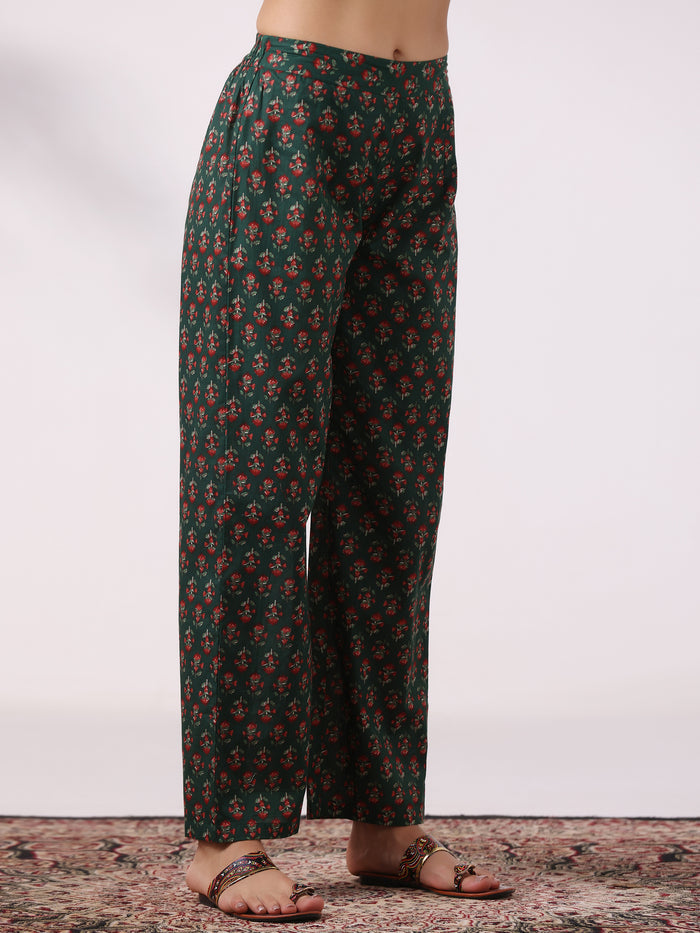Women Cotton Green Printed Kurta With Comfort Pant
