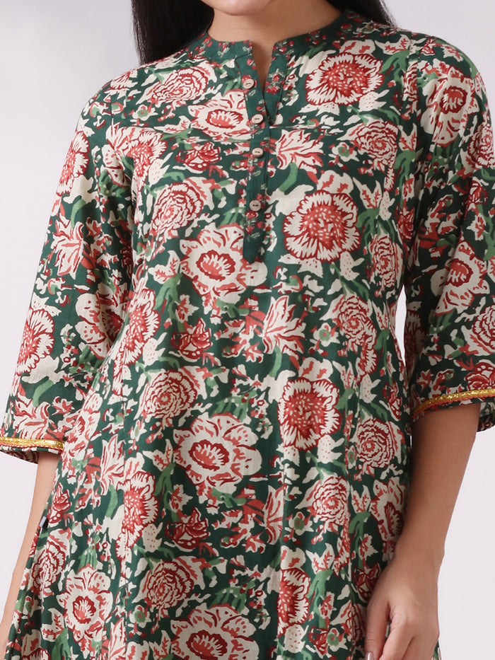 Women Cotton Green Printed Kurta With Comfort Pant