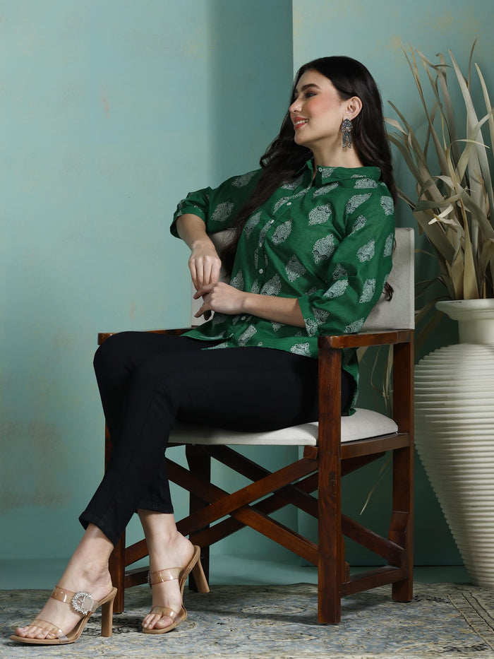 Women Cotton Green Printed Tunic.