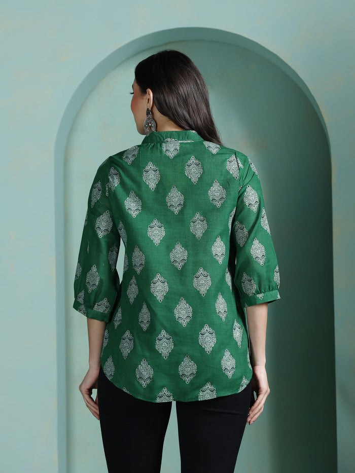 Women Cotton Green Printed Tunic.