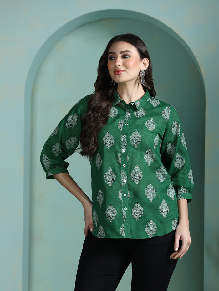Women Cotton Green Printed Tunic.