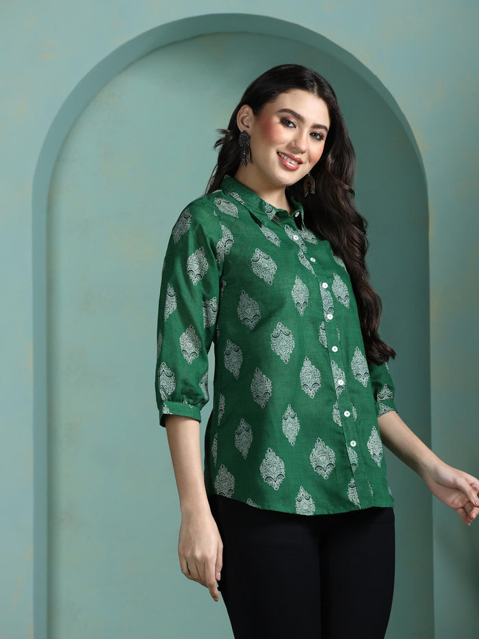 Women Cotton Green Printed Tunic.