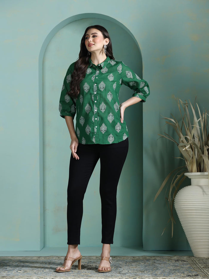 Women Cotton Green Printed Tunic.