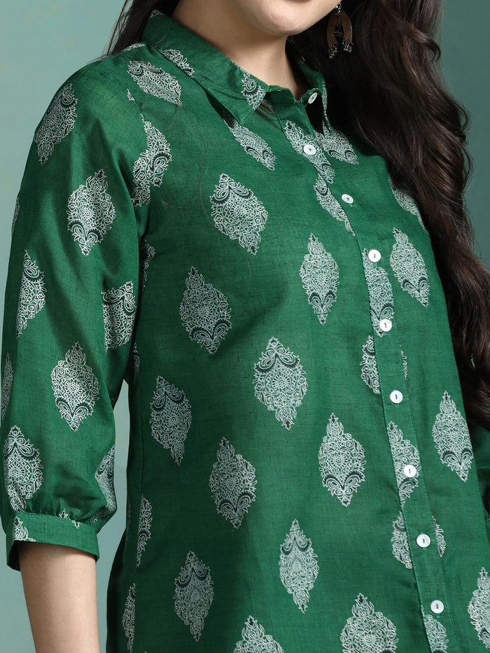 Women Cotton Green Printed Tunic.