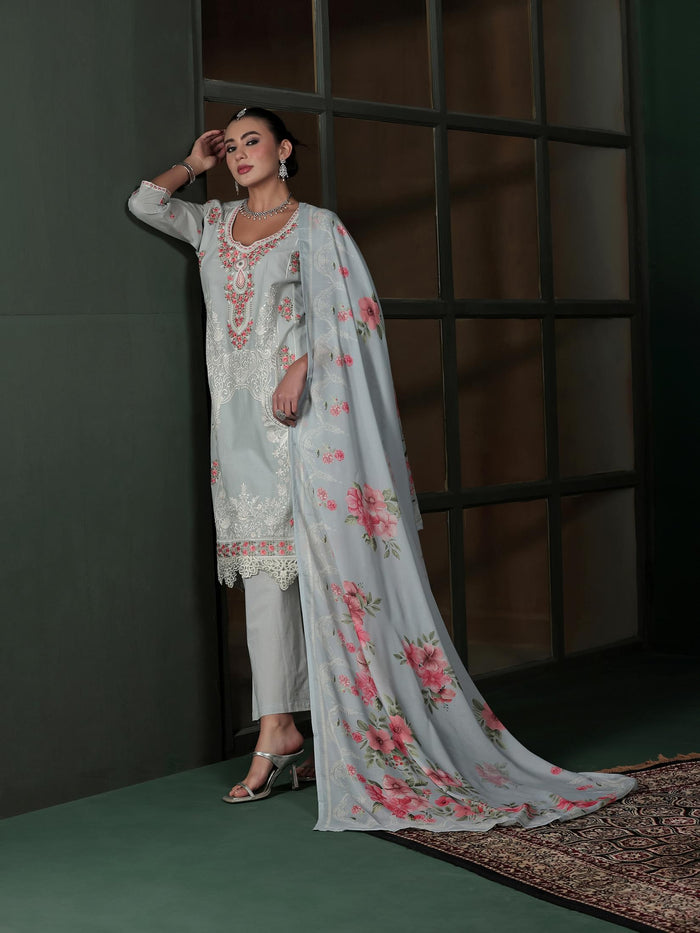 Women Cotton Grey Embroidered Kurta Comfort Pant Dupatta.