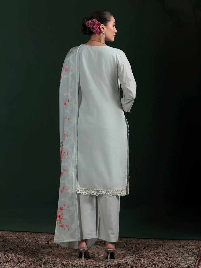 Women Cotton Grey Embroidered Kurta Comfort Pant Dupatta.