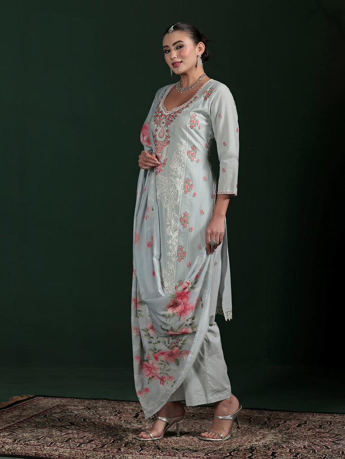 Women Cotton Grey Embroidered Kurta Comfort Pant Dupatta.