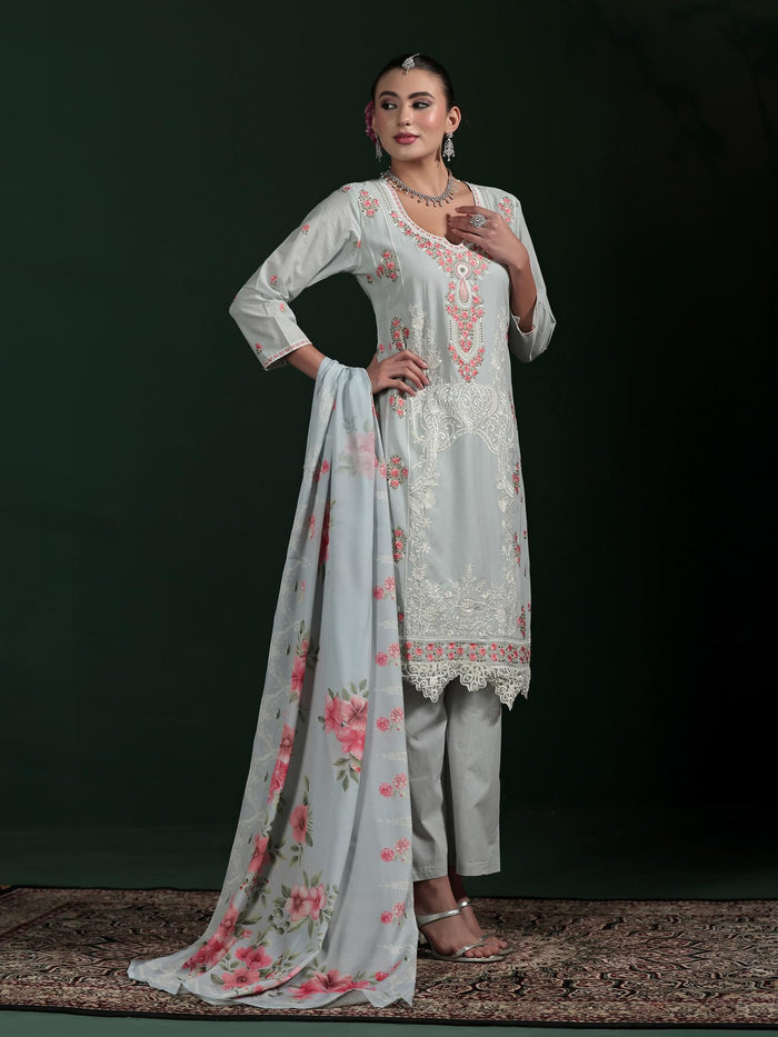 Women Cotton Grey Embroidered Kurta Comfort Pant Dupatta.