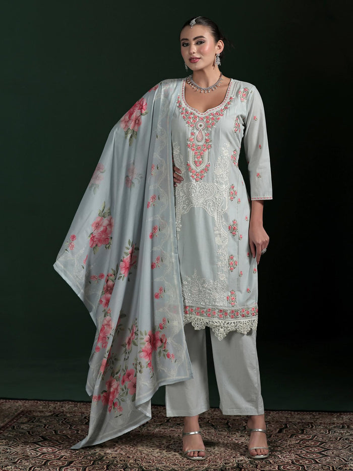 Women Cotton Grey Embroidered Kurta Comfort Pant Dupatta.