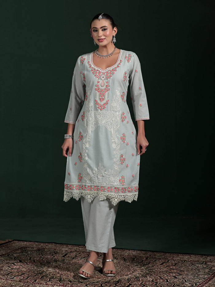 Women Cotton Grey Embroidered Kurta Comfort Pant Dupatta.