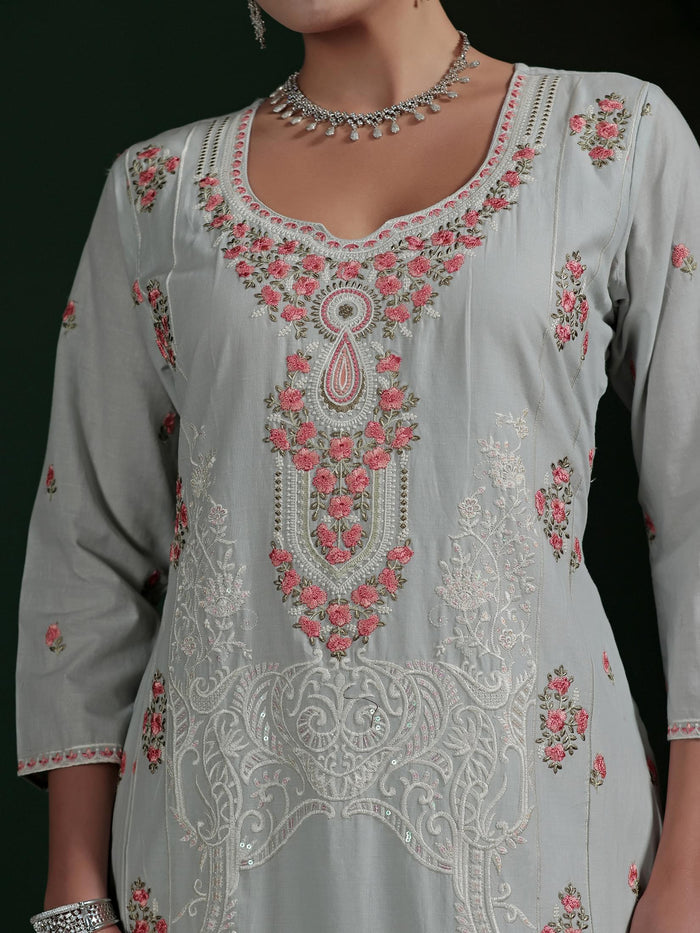 Women Cotton Grey Embroidered Kurta Comfort Pant Dupatta.