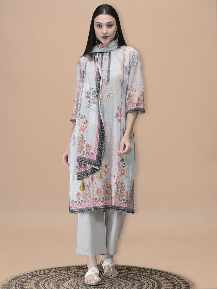 Women Cotton Grey Floral Print Kurta Comfort Pant Dupatta.