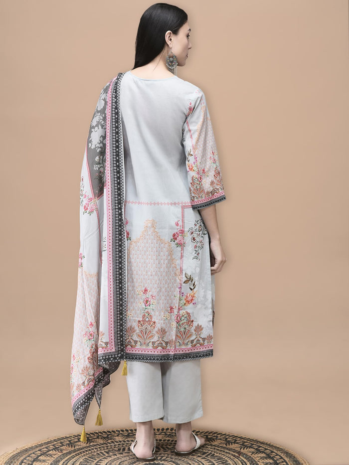 Women Cotton Grey Floral Print Kurta Comfort Pant Dupatta.