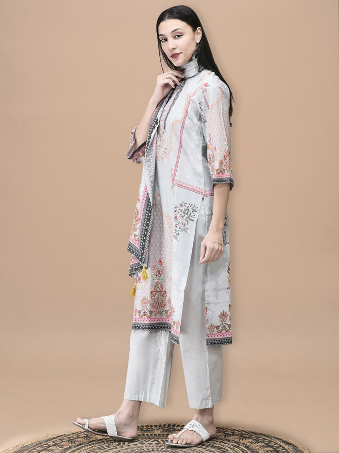 Women Cotton Grey Floral Print Kurta Comfort Pant Dupatta.