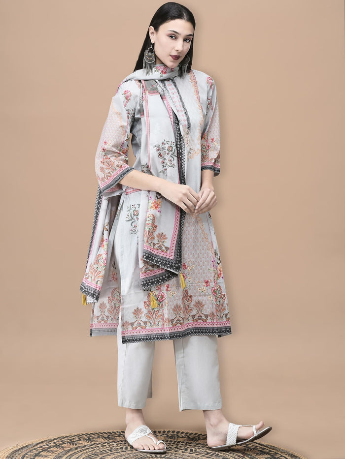 Women Cotton Grey Floral Print Kurta Comfort Pant Dupatta.