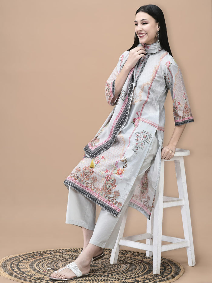 Women Cotton Grey Floral Print Kurta Comfort Pant Dupatta.