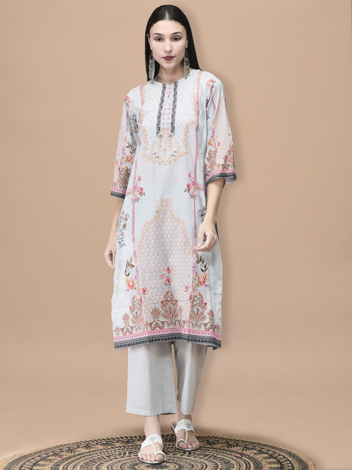 Women Cotton Grey Floral Print Kurta Comfort Pant Dupatta.