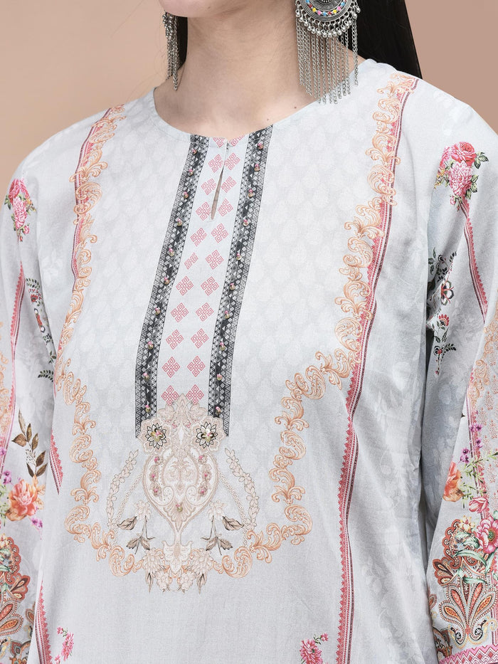 Women Cotton Grey Floral Print Kurta Comfort Pant Dupatta.