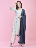 Women Cotton Grey Geometric Print Kurta Comfort Pant Dupatta.