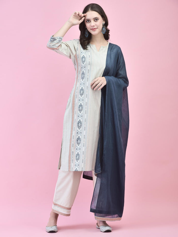 Women Cotton Grey Geometric Print Kurta Comfort Pant Dupatta.