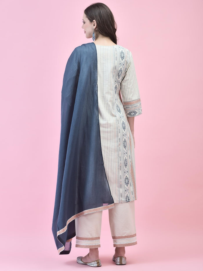 Women Cotton Grey Geometric Print Kurta Comfort Pant Dupatta.