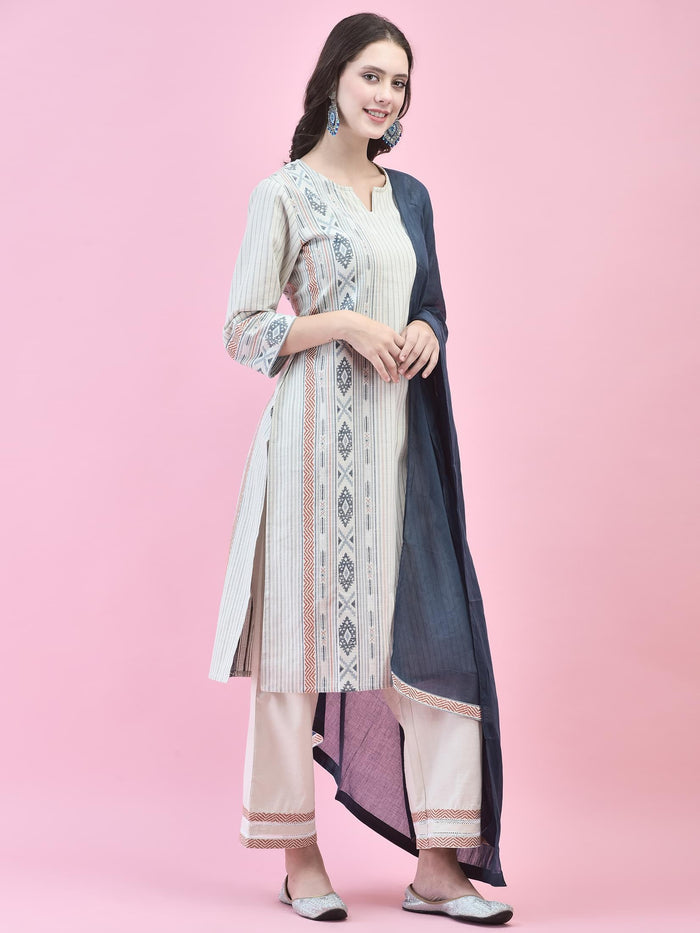 Women Cotton Grey Geometric Print Kurta Comfort Pant Dupatta.