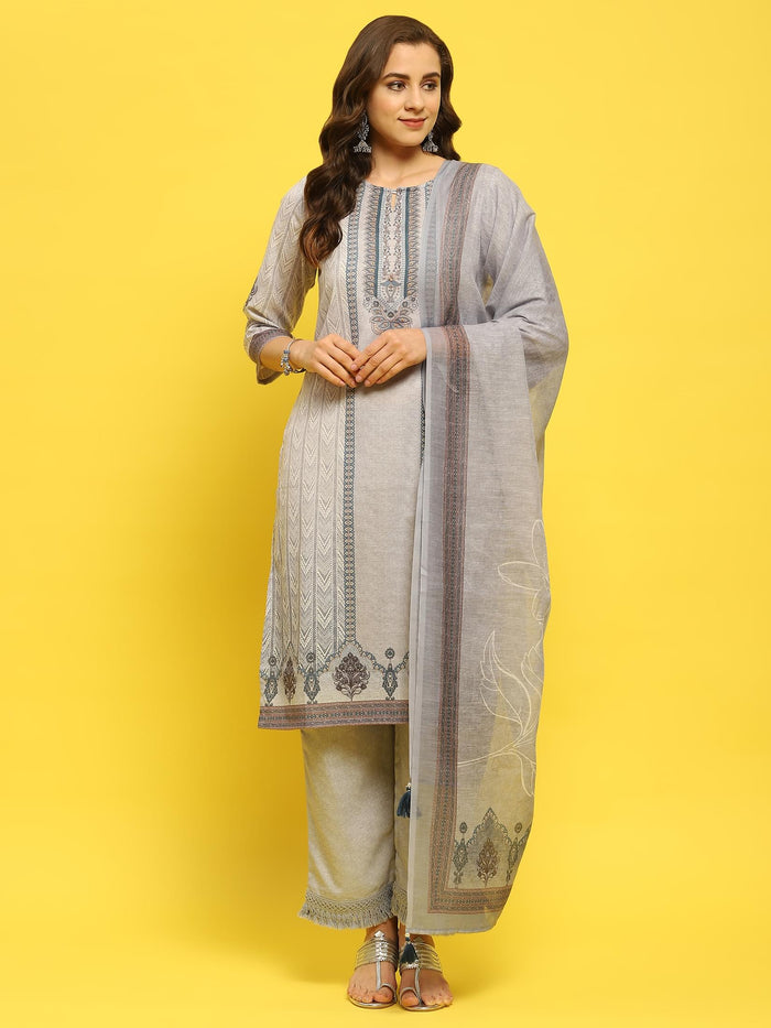 Women Cotton Grey Ornamental Print Kurta Comfort Pant Dupatta.