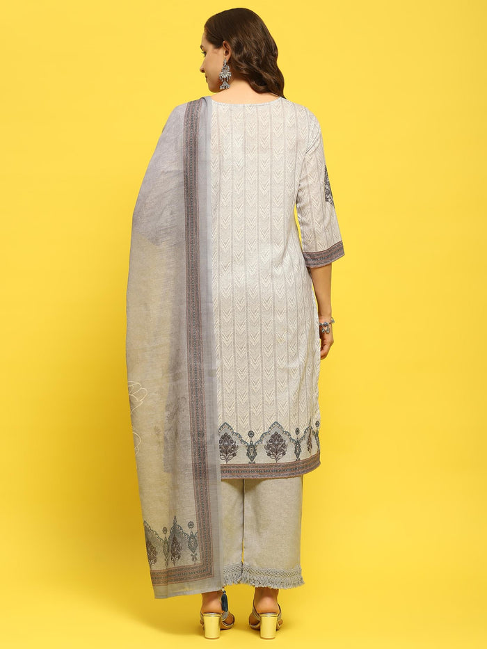 Women Cotton Grey Ornamental Print Kurta Comfort Pant Dupatta.