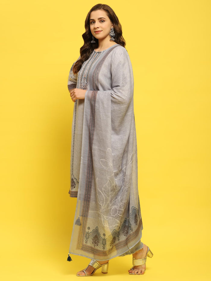 Women Cotton Grey Ornamental Print Kurta Comfort Pant Dupatta.
