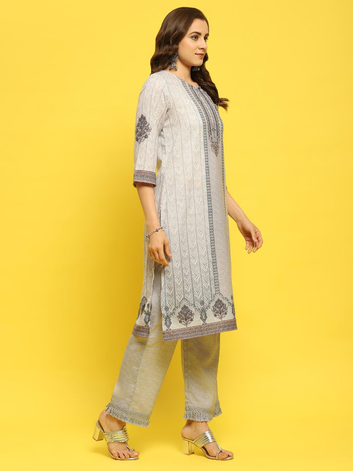 Women Cotton Grey Ornamental Print Kurta Comfort Pant Dupatta.