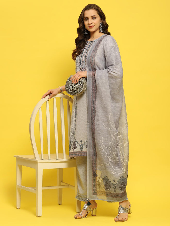 Women Cotton Grey Ornamental Print Kurta Comfort Pant Dupatta.