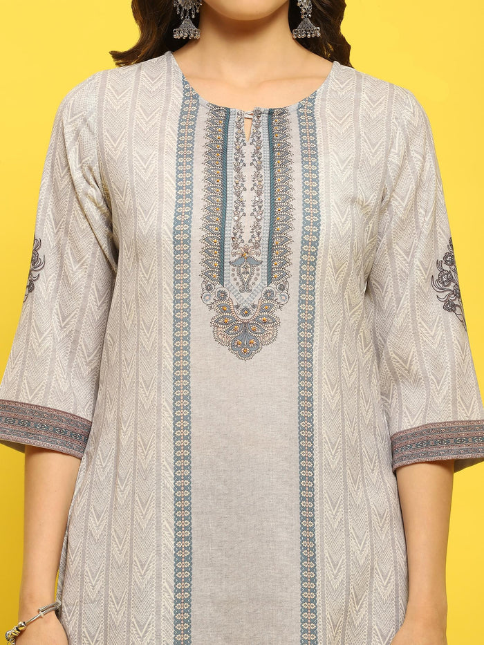 Women Cotton Grey Ornamental Print Kurta Comfort Pant Dupatta.
