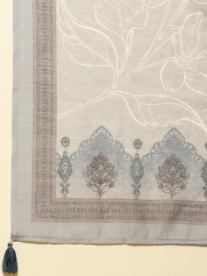 Women Cotton Grey Ornamental Print Kurta Comfort Pant Dupatta.