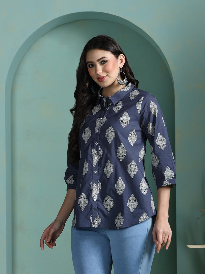 Women Cotton Grey Printed Tunic.